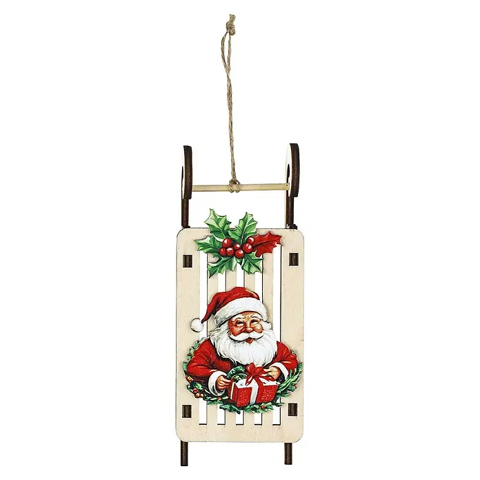 Christbaumschmuck Holzschlitten mit Weihnachtsmann - Länge: 18 cm, Holz, 1 Stk., Bunt - Hängender Weihnachtsschlitten aus Holz mit Weihnachtsmann, Stechpalme und roten Beeren.
