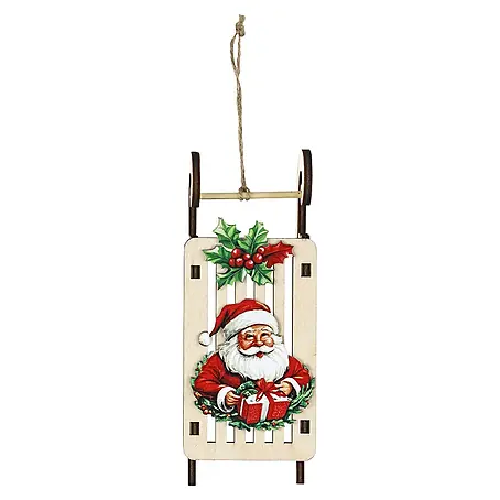 Christbaumschmuck Holzschlitten mit Weihnachtsmann