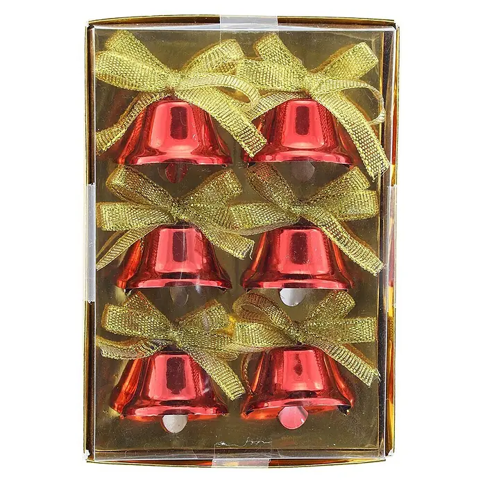 Christbaumschmuck Glöckchen - Metall, 6 Stk., Rot/Gold - Set aus 6 roten Metallglocken mit goldenen Glitzerschleifen in einer transparenten Box.