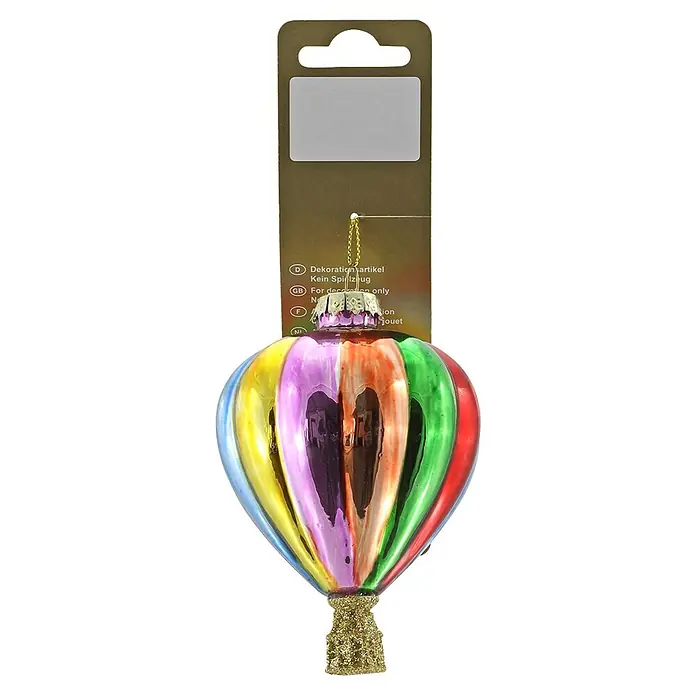 Christbaumschmuck Heißluftballon - Ø x H: 7,3 x 11,6 cm, Glas, 1 Stk., Bunt - Bunter, spiegelnder Heißluftballon-Anhänger mit goldenem Glitzerkorb an einem Etikett.