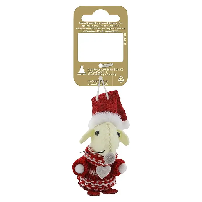 Christbaumschmuck Maus mit Mütze - Höhe: 8 cm, Filz, 1 Stk., Rot - Rot-weiß gestricktes Weihnachtsornament, eine mausähnliche Figur mit Weihnachtsmütze, an einem Etikett hängend.