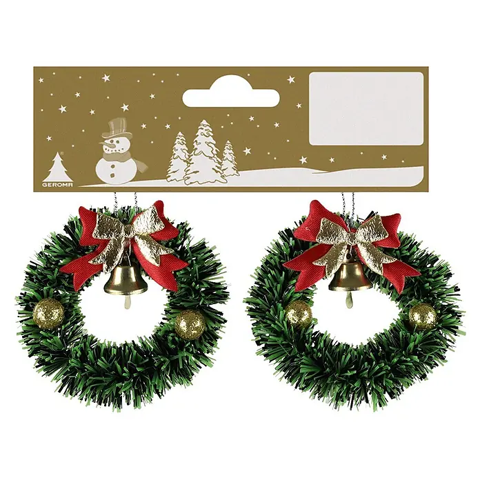 Deko-Anhänger Weihnachtskränze - Durchmesser: 6,5 cm, 2 Stk., Weihnachtskränze, Kunststoff - Zwei grüne Weihnachtskränze mit roten Schleifen, goldenen Glocken und glitzernden Goldkugeln, mit goldener Verpackung.