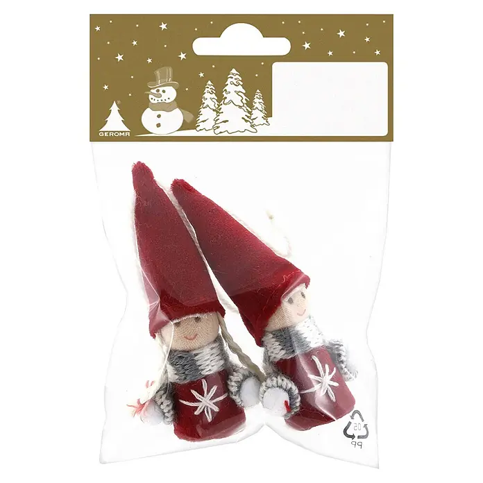 Dekoartikel Wichtel - Rot, Textil, 2 Stk., Höhe: 9 cm - Zwei kleine Stoff-Weihnachtswichtel mit roten Mützen und Kleidung, in einer transparenten Plastiktüte.