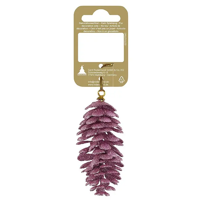Deko-Anhänger Tannenzapfen - Kunststoff, Rosa, Höhe: 8 cm - Lila, glitzernder Tannenzapfen-Anhänger an goldener Schnur, auf Produktetikett.