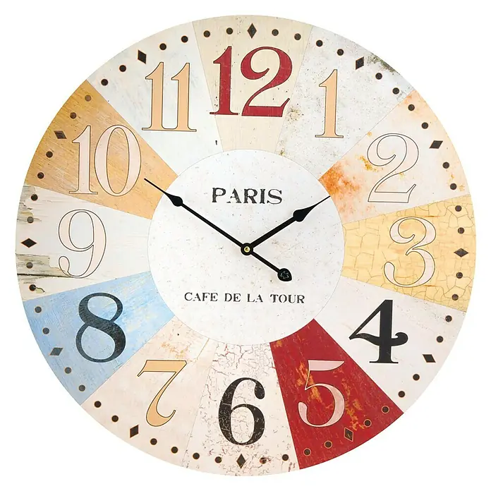 Reloj de pared chapa - Diámetro: 60 cm, Multicolor - Reloj de pared de estilo vintage con números coloridos y la inscripción "Paris Cafe de la Tour".