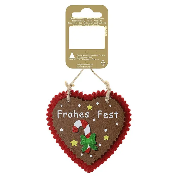 Deko-Anhänger Lebkuchenherz - Lebkuchenherz mit Zuckerstange, Filz, Braun,Rot, Breite: 9 cm - Herzförmiger Holz-Weihnachtsanhänger mit rotem Filzrand, „Frohes Fest“, Zuckerstange, Sternen und Jutekordel.