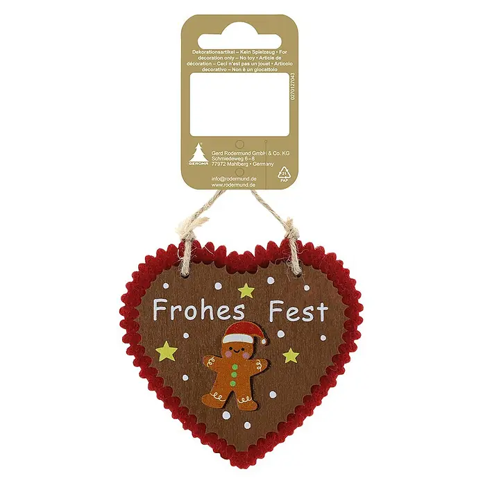 Deko-Anhänger Lebkuchenherz - Lebkuchenherz mit Lebkuchen, Filz, Braun, Rot, Breite: 9 cm - Herzförmige braune Dekoration mit rotem Filzrand, Lebkuchenmann, gelben Sternen und "Frohes Fest" Schriftzug, an Schnur hängend.