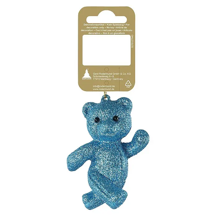Deko-Anhänger Teddybär - Blau, Kunststoff, Teddybär, Höhe: 9 cm - Blauer Glitzer-Teddybär als Dekoration mit Etikett.