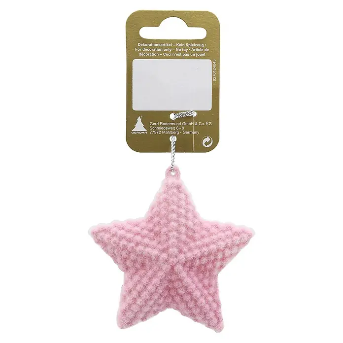 Deko-Anhänger Stern - B x L: 7 x 7 cm, Kunststoff, Stern - Rosafarbener flauschiger Stern-Ornament an goldener Etikett. Nur zur Dekoration.