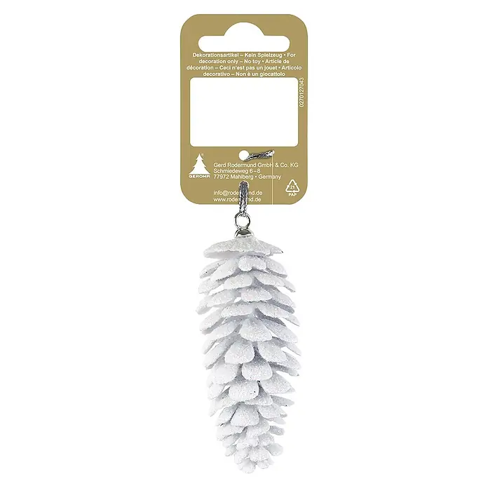 Deko-Anhänger Tannenzapfen - 8 cm, Kunststoff, Tannenzapfen - Weißer, glitzernder Tannenzapfen-Schmuck mit silberner Aufhängung.