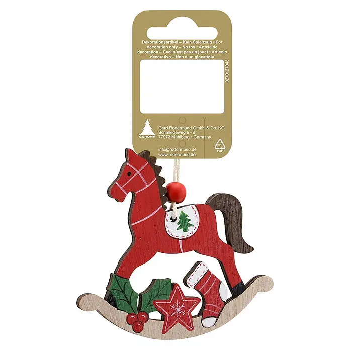 Geroma Christbaumschmuck Schaukelpferd - Rot, Holz, 9 x 0,5 x 9 cm - Rotes Holz-Schaukelpferd als Deko-Anhänger, verziert mit Sattel, Stern und Stechpalme.