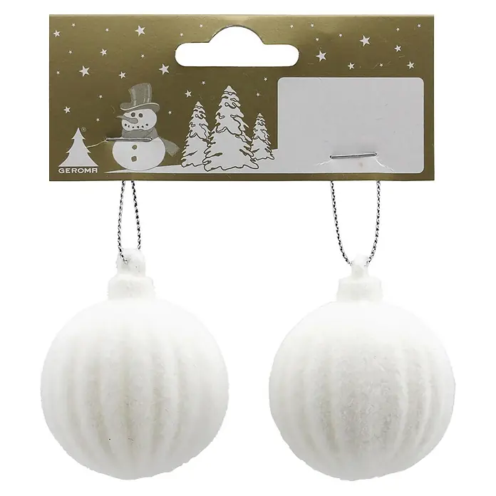 Geroma Christbaumschmuck - Weiß, Kunststoff, Rund, 2 Stk. - Zwei weiße, gerippte, beflockte Christbaumkugeln auf einer Verkaufskarte. Fertig zum Aufhängen.