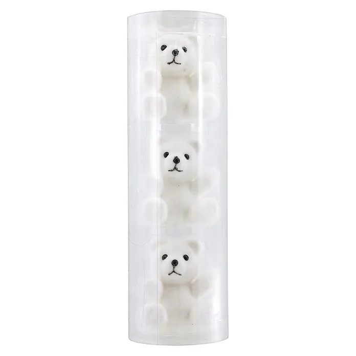 Geroma Christbaumschmuck Bärchen - Weiß, Kunststoff, 3 Stk. - Drei kleine weiße Plüsch-Teddybären vertikal in einer durchsichtigen Plastikröhre gestapelt.