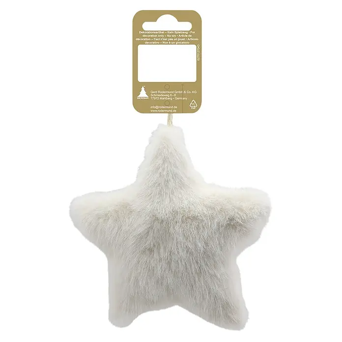 Christbaumschmuck Stern aus Plüsch - Beige, Textil, 1 Stk., 14 cm - Weißes flauschiges Sternen-Ornament mit Anhänger, an einer Schnur hängend.