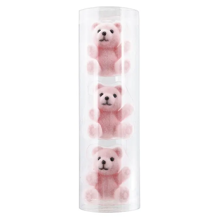 Geroma Christbaumschmuck Bärchen - Rosa, Kunststoff, 3 Stk. - Drei rosafarbene flauschige Teddybär-Aufkleber, vertikal in Klarsichtverpackung.