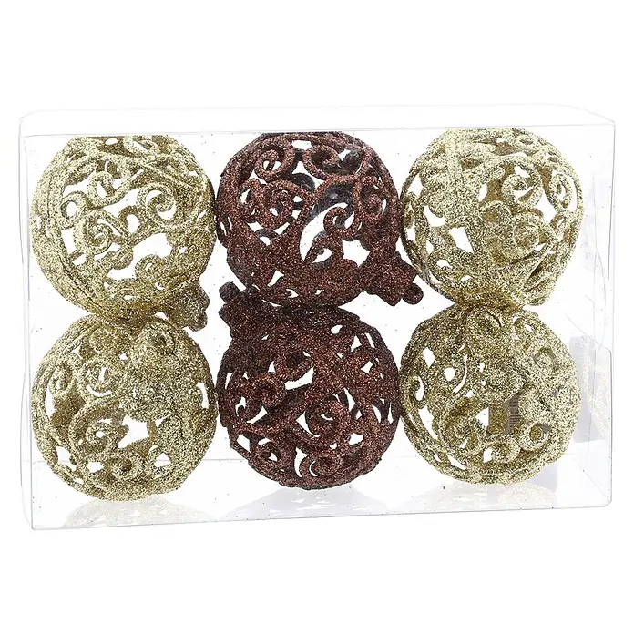 Geroma Christbaumkugel-Set - Gold, Braun, Kunststoff, Rund, 6 Stk., 7 cm - Sechs glitzernde Dekokugeln: drei goldene, drei braune, mit verschnörkelten Mustern.