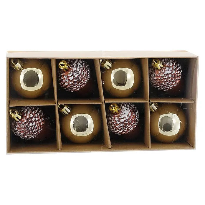 Geroma Christbaumkugel-Set - Gold, Braun, Kunststoff, 8 Stk. - Ein Set aus 8 Weihnachtskugeln in einer Box: 4 goldene glatte, 4 braune strukturierte mit weißen Details, alle mit goldfarbenen Aufhängern.