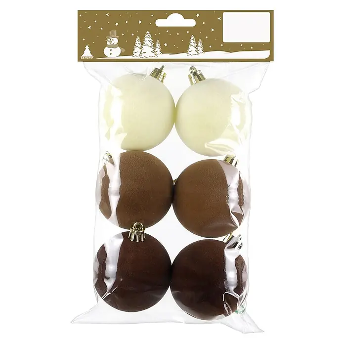 Geroma Christbaumkugel-Set - Creme, Hellbraun, Dunkelbraun, Kunststoff, 6 Stk. - Sechs beflockte Weihnachtskugeln in Weiß und Braun, in Klarsichtbeutel mit festlichem Gold-Header.