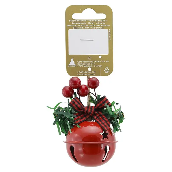 Geroma Christbaumschmuck - Rot, Grün, Metall, 1 Stk. - Rote Dekoglocke mit grünen Zweigen, roten Beeren und einer rot-schwarz karierten Schleife.