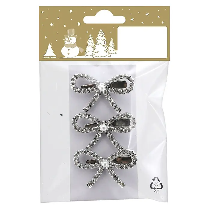 Geroma Deko-Schleife - Silber, 3 Stk. - Drei silberfarbene, schleifenförmige Haarspangen mit Strasssteinen und Perlen, in festlicher Weihnachtspackung.