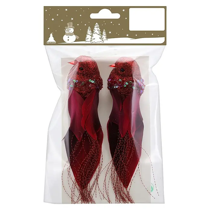 Geroma Dekoartikel Vogel - Rot, Kunststoff, 2 Stk. - Zwei glitzernde rote Vogelornamente mit Pailletten und Federn, verpackt in Klarsichtfolie mit festlicher Schneemann- und Baum-Kopfkarte.