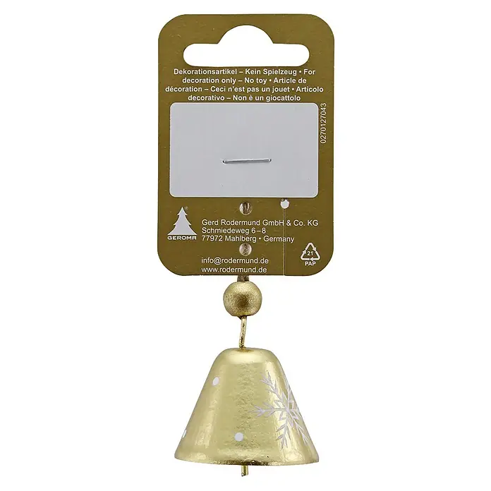Geroma Christbaumschmuck Glocke - Gold, Metall, 3,5 x 3,5 x 11 cm - Goldene Dekoglocke mit weißen Schneeflocken an einer Hängekarte. Kein Spielzeug.