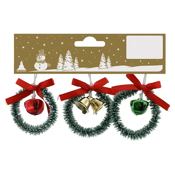 Geroma Christbaumschmuck Kränze mit Glocken - Kunststoff, Rund, 3 Stk., Durchmesser: 3,5 cm - Drei Mini-Weihnachtskränze mit roten, goldenen, grünen Glocken und roten Schleifen, verpackt auf einer festlichen goldenen Kopfkarte.