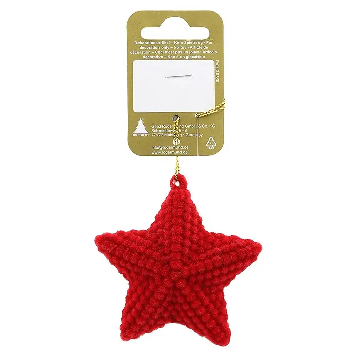 Christbaumschmuck Stern beflockt - Rot, Kunstpelz, 1 Stk., Durchmesser: 8 cm - Roter flauschiger Stern als Dekoration mit goldener Schlaufe und Produktetikett.