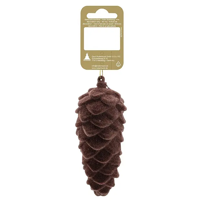 Geroma Christbaumschmuck Tannenzapfen - Dunkelbraun, Kunststoff, L x B: 10 x 5 cm - Brauner, beflockter Tannenzapfen-Anhänger mit Kordel.