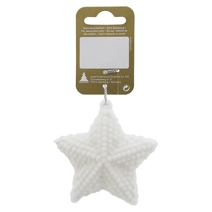 Christbaumschmuck Stern beflockt - Weiß, Kunstpelz, 1 Stk., Durchmesser: 8 cm - Weißer, flauschiger Stern-Anhänger mit Etikett 'Nur zur Dekoration'.