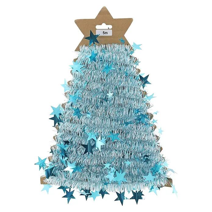 Geroma Weihnachtsgirlande - Kunststoff, Türkis, Länge: 5 cm - 5m silber-blaues Weihnachtslametta mit Sternen auf sternförmigem Kartonhalter.