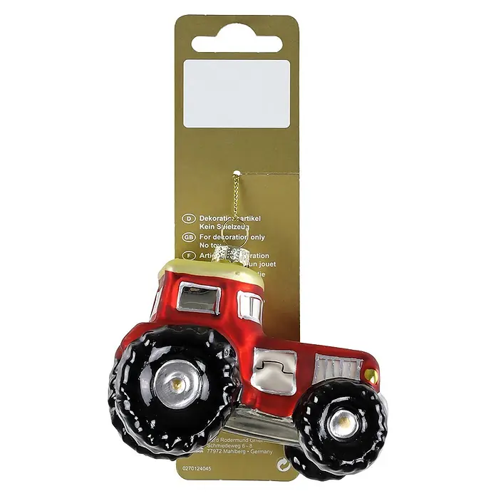 Geroma Christbaumschmuck Traktor - Rot, Schwarz, Silber, Glas, 1 Stk., 5 x 9,3 x 6,5 cm - Roter Glas-Traktor-Weihnachtsanhänger an goldenem Kartonaufhänger.