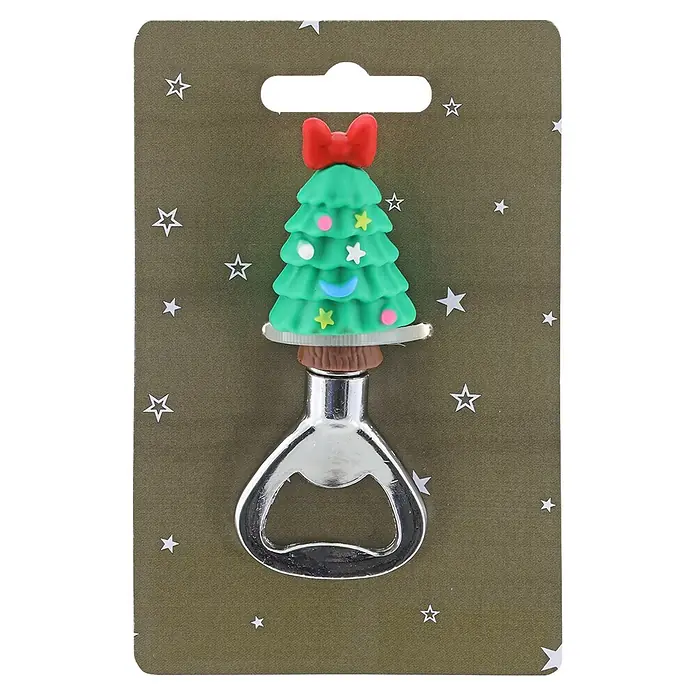 Geroma Flaschenöffner Tannenbaum - Silber, Grün, Rot, Metall, 1 Stk. - Ein Flaschenöffner aus Metall mit einem festlichen grünen Weihnachtsbaumgriff, verziert mit einer roten Schleife und bunten Ornamenten.