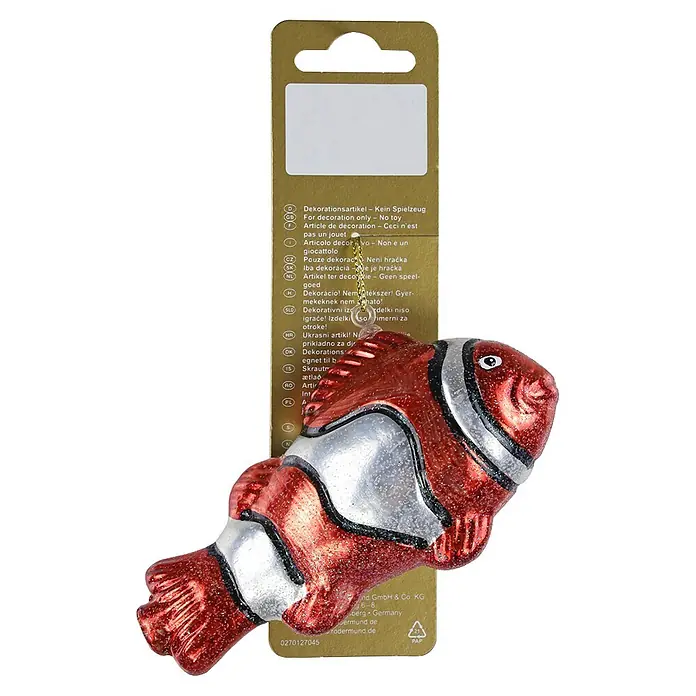 Geroma Christbaumschmuck Clownfisch - Rot, Silber, Kunststoff, 1 Stk., 12 x 7 x 4 cm - Glitzernder rot-silberner Fisch-Glasornament am Etikett, als reiner Dekorationsartikel gekennzeichnet.