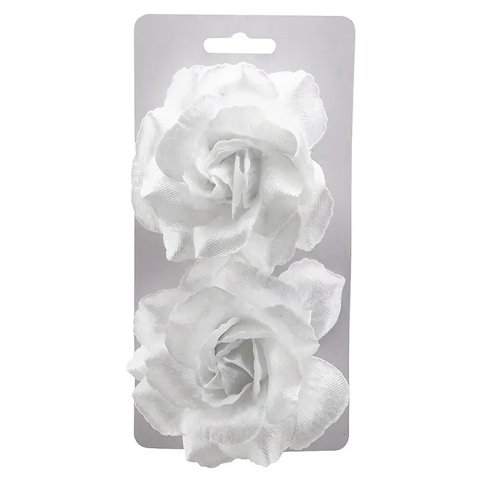 Geroma Dekoartikel Rose - Weiß, Polyester, 2 Stk. - Zwei weiße Stoffblüten-Verzierungen auf einer grauen Karte.