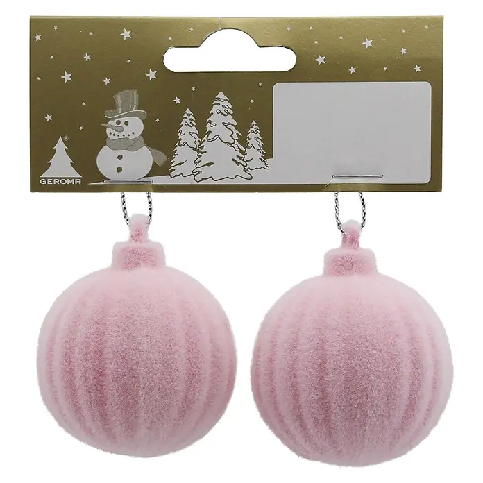 Geroma Christbaumschmuck - Pink, Kunststoff, 2 Stk. - Zwei pinke, beflockte, gerippte Weihnachtsbaumkugeln zur festlichen Dekoration.