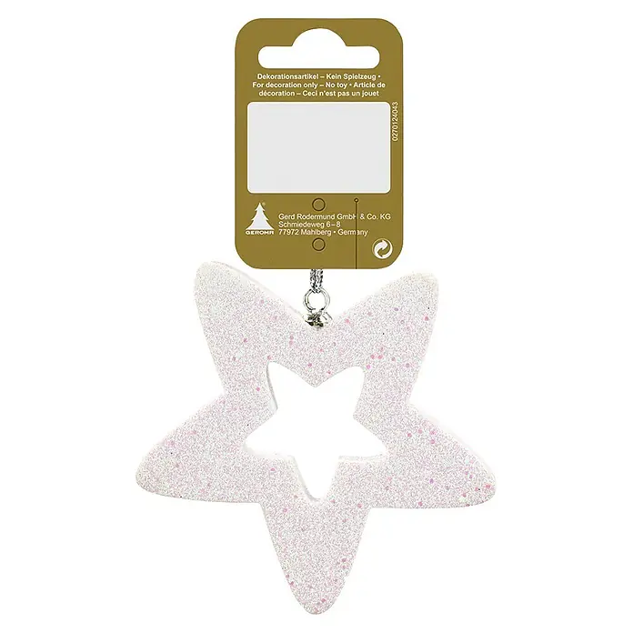 Christbaumschmuck Stern - Durchmesser: 8 cm, Kunststoff, 1 Stk., Weiß - Glitzernder, sternförmiger Weihnachtsanhänger in Weiß-Rosa mit Produktetikett.