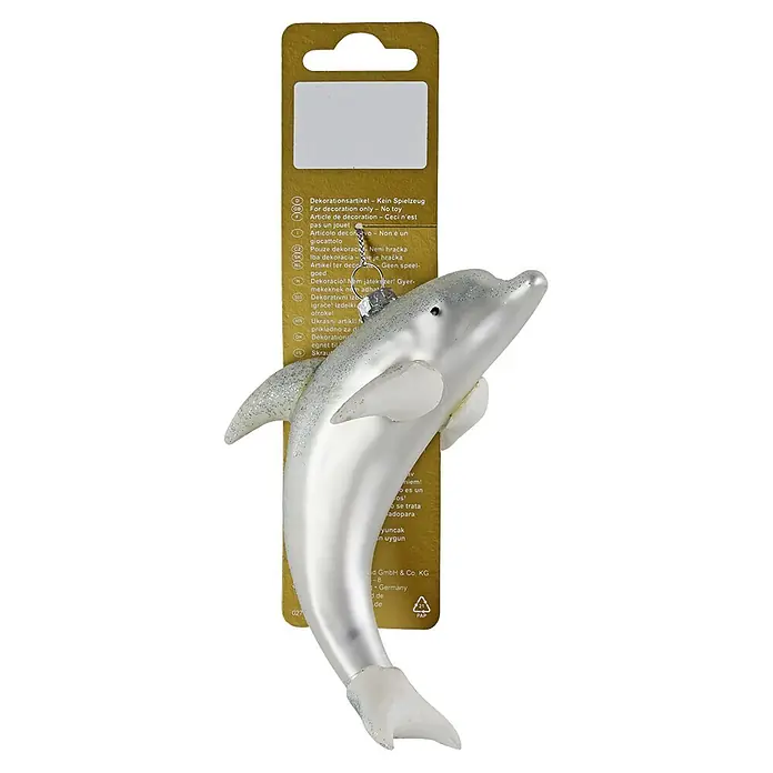 Geroma Christbaumschmuck Delfin - Silber, Glas, 1 Stk., 7,5 x 6,5 x 12,5 cm - Glänzender silberner und weißer Glas-Delphin-Weihnachtsschmuck mit Glitzer, an einem goldenen Kartonaufhänger.