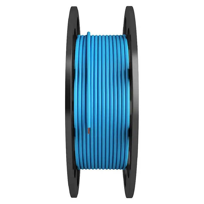 Cable unipolar a metros Toxfree H07Z1K a metros - Azul, H07Z1-K, Número de cables: 1 ud., 16 mm² - Cable eléctrico azul enrollado en una bobina negra, con un extremo cortado mostrando hilos de cobre.