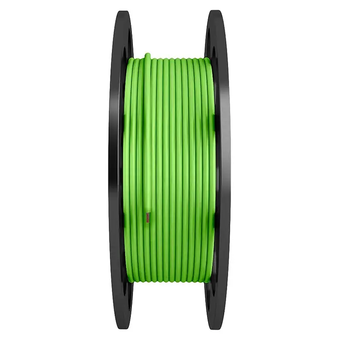 Cable eléctrico a metros multipolar Toxfree C RZ1K - RZ1-K, Número de cables: 3 ud., Verde, 6 mm² - Cable eléctrico verde enrollado ordenadamente en una bobina negra, con una pequeña sección que revela los hilos de cobre.
