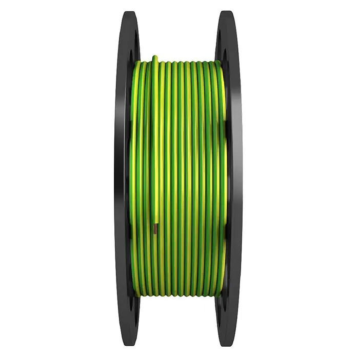 Cable unipolar a metros Toxfree H07Z1K a metros - Verde, H07Z1-K, Número de cables: 1 ud., 16 mm² - Cable eléctrico de rayas amarillas y verdes en un carrete oscuro, con un conductor de cobre visible.
