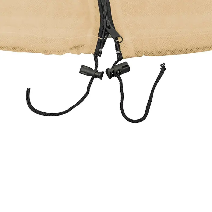 Windhager Haubenvlies - B x H: 0,6 x 1,8 m, Beige, 50 g/m² - Nahaufnahme von beigem Netzstoff mit schwarzem Reißverschluss und zwei schwarzen Kordelzügen mit Stoppern.