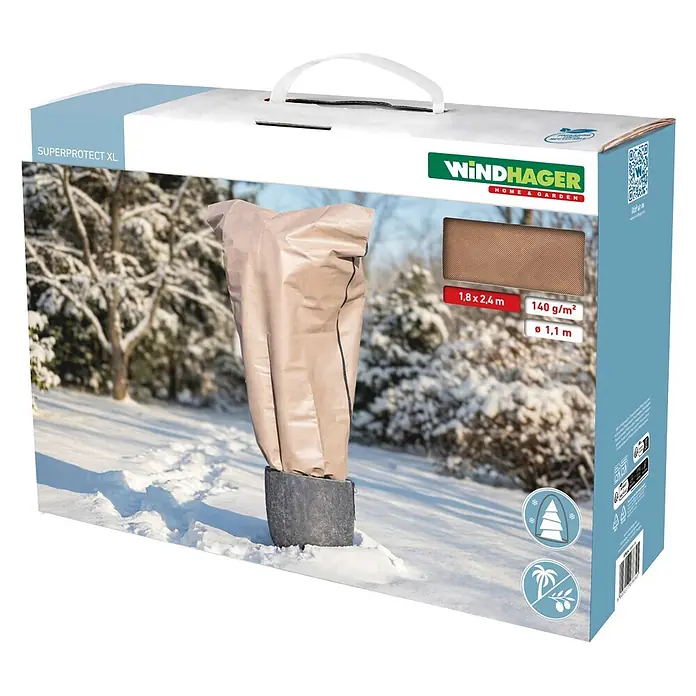 Winterschutzhaube Superprotect - L x H: 180 x 240 cm - Windhager 'SUPERPROTECT XL' Produktverpackung, zeigt beige Pflanzenschutzhülle auf Topfpflanze im Schnee. Maße 1,8x2,4m, 140g/m².