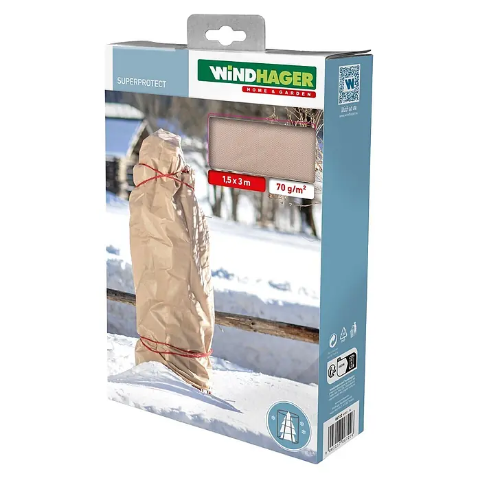 Windhager Winterschutzvlies - L x B: 3 x 1,5 m, Beige, Grammatur: 70 g/m² - Beiges Pflanzenschutzvlies (1,5x3m, 70g/m²) auf Verpackung, bedeckt eine Pflanze im Schnee zum Winterschutz.