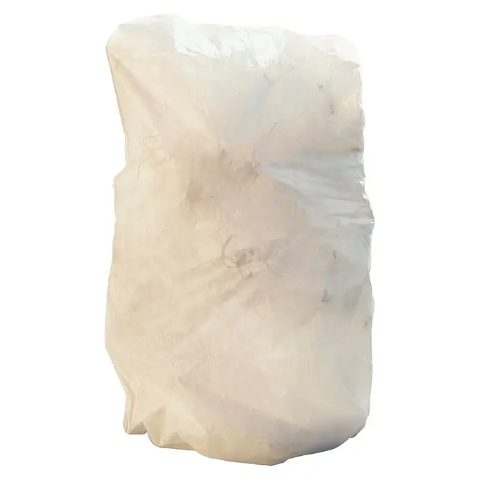Windhager Winterschutzvlies - 2,5 x 1,5 m, Beige, Garten, 50 g/m² - Weißer, schmutziger, faltiger, durchsichtiger Plastiksack.