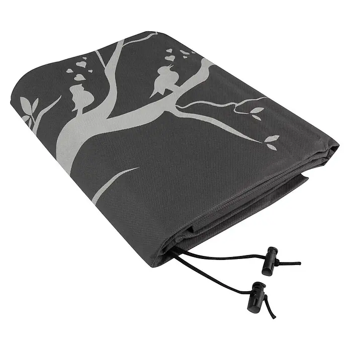 Windhager Abdeckhaube - Vogel-Motiv, XL, L x B: 1,1 x 1,1 m, Grau - Dunkelgraue, gefaltete Matte mit weißen Baum-, Vogel- und Herzsilhouetten. Mit schwarzen Zugbändern und Kordelstoppern.