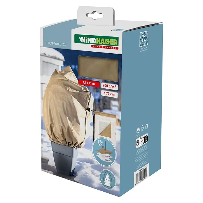 Windhager Winterschutzvlies - B x H: 110 x 110 cm, Beige, 50 g/m² - Beiger, mehrschichtiger Winterschutz für Topfpflanzen, auf der Produktverpackung mit Eigenschaften.