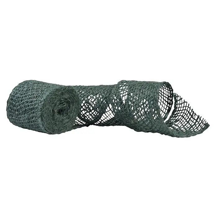Windhager Jutegewebeband - Grün, L x B: 3 m x 6 cm - Gerollter dunkelgrüner Grobmaschenstoff, teilweise ausgerollt.