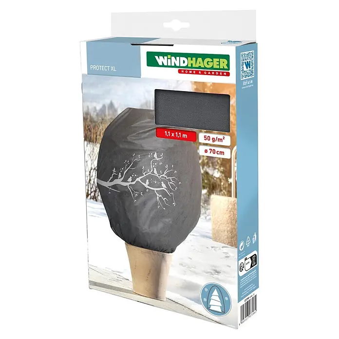 Windhager Abdeckhaube - Vogel-Motiv, XL, L x B: 1,1 x 1,1 m, Grau - Graue XL Pflanzenschutzhülle für den Winter mit weißem Baum- und Vogelmotiv, schützt eine Topfpflanze im Schnee.