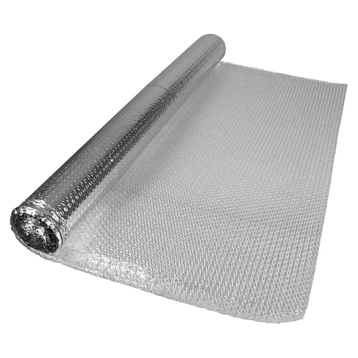 Windhager Kälteschutz - 1 x 0,5 m, Metall - Eine Rolle silberner, reflektierender Blasenfolien-Isoliermaterial, teilweise abgerollt.